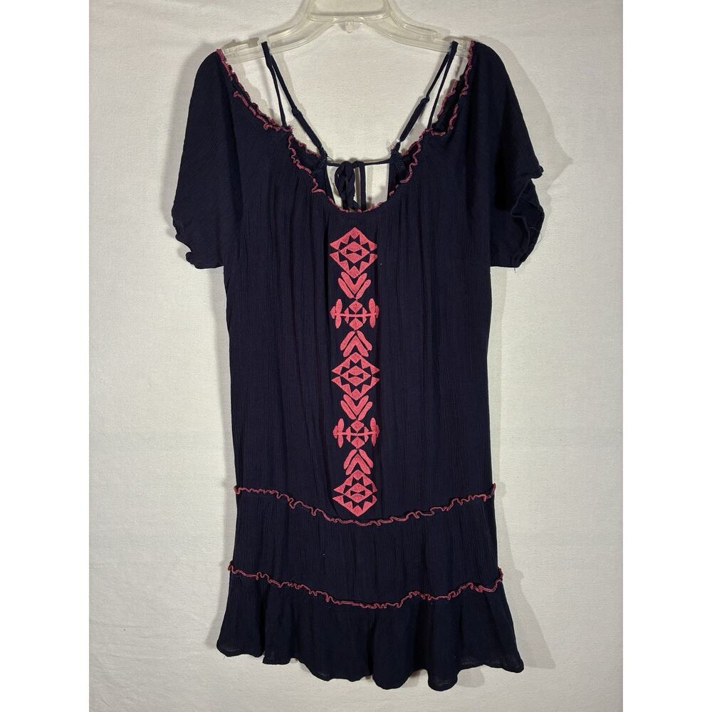 Umgee Dress Cold Shoulder Dark Blue With Pink Embroidery Size Large